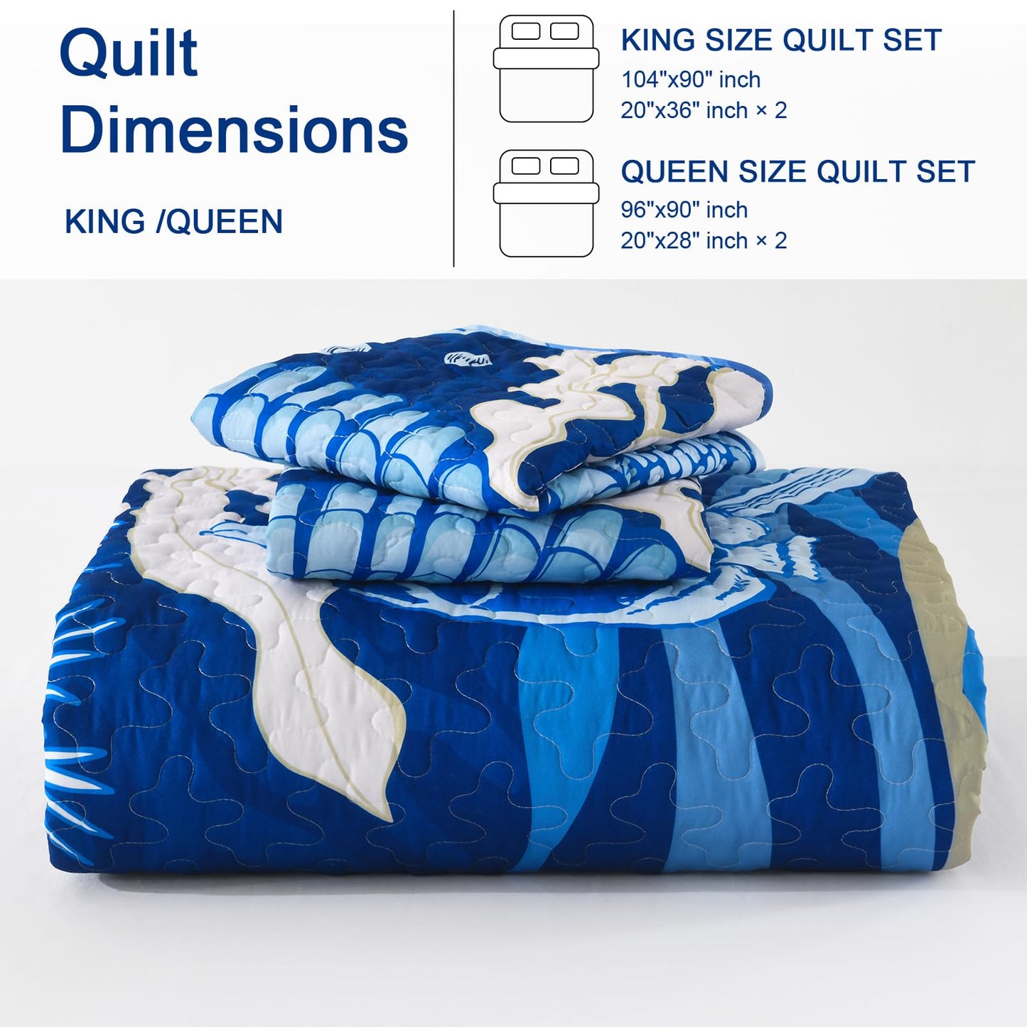 DJY Coastal Quilt Set Queen Size 3 Piece, Beach Theme Pattern Quilted Blanket Thin Reversible Microfiber Bedding Lightweight Soft Bedspread Coverlet Sets for All Season (1 Quilt, 2 Pillow Shams)
