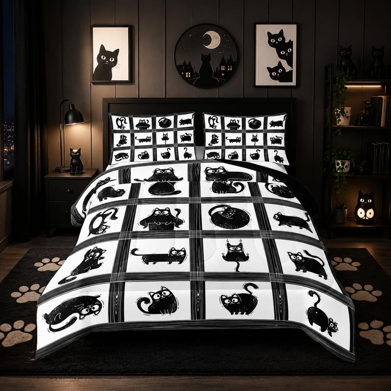 Nttopship Kids Cartoon Cat Comforter Bedding Set Twin,Black Cat and Grid Bedding Set 3 Piece for Teens Kids Boys Girls Adults Room Decor Animals Print Comforter 2 Pillow Cases