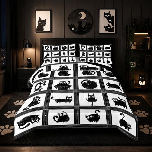 Nttopship Kids Cartoon Cat Comforter Bedding Set Twin,Black Cat and Grid Bedding Set 3 Piece for Teens Kids Boys Girls Adults Room Decor Animals Print Comforter 2 Pillow Cases