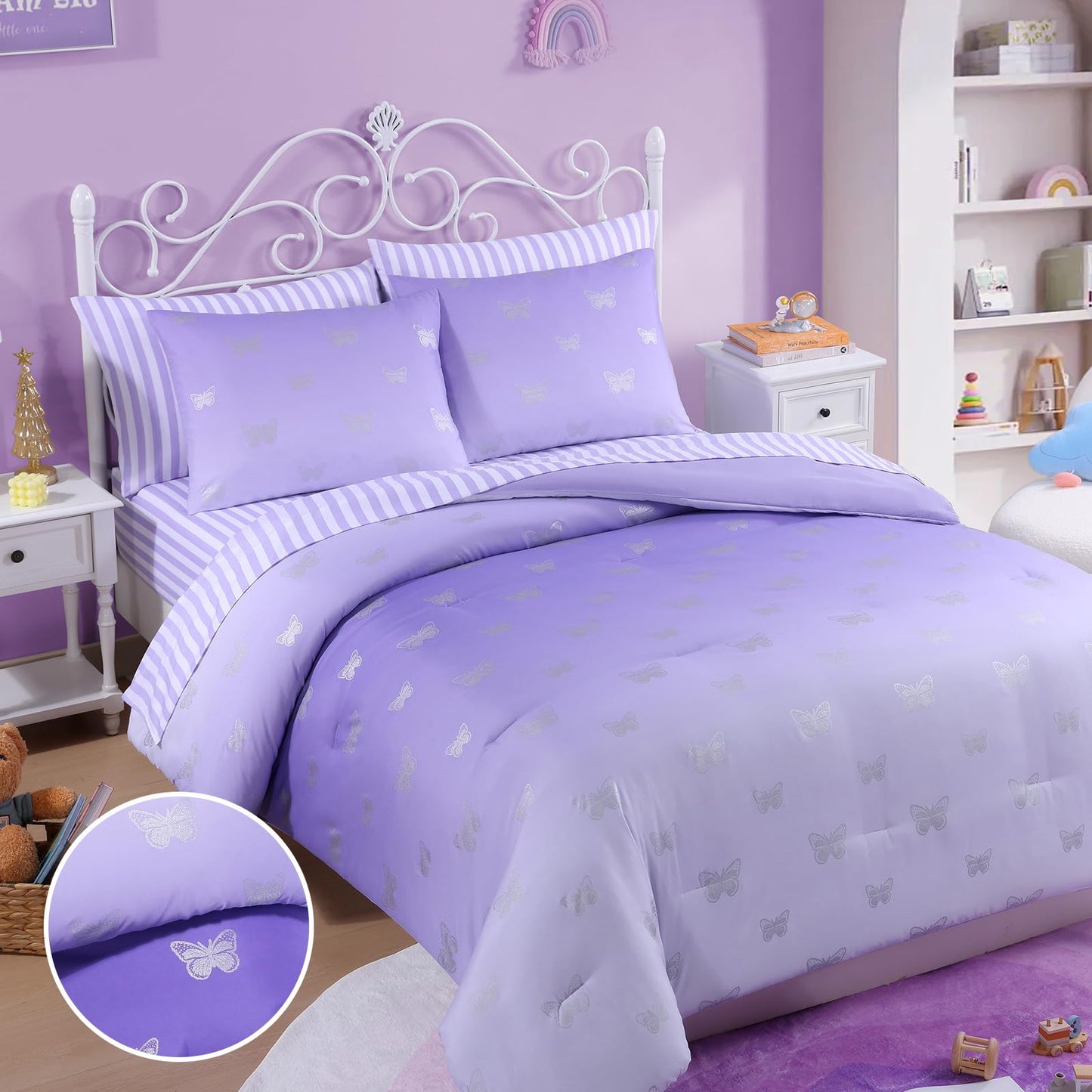 Wink Deer Twin Comforter Set with Sheets for Girls-5 Pieces Twin Bedding Sets with with Purple White Gradient Ombre Comforter, Sheets, Pillowcases & Shams for Kids (Silver Butterfly, 66" X 86")