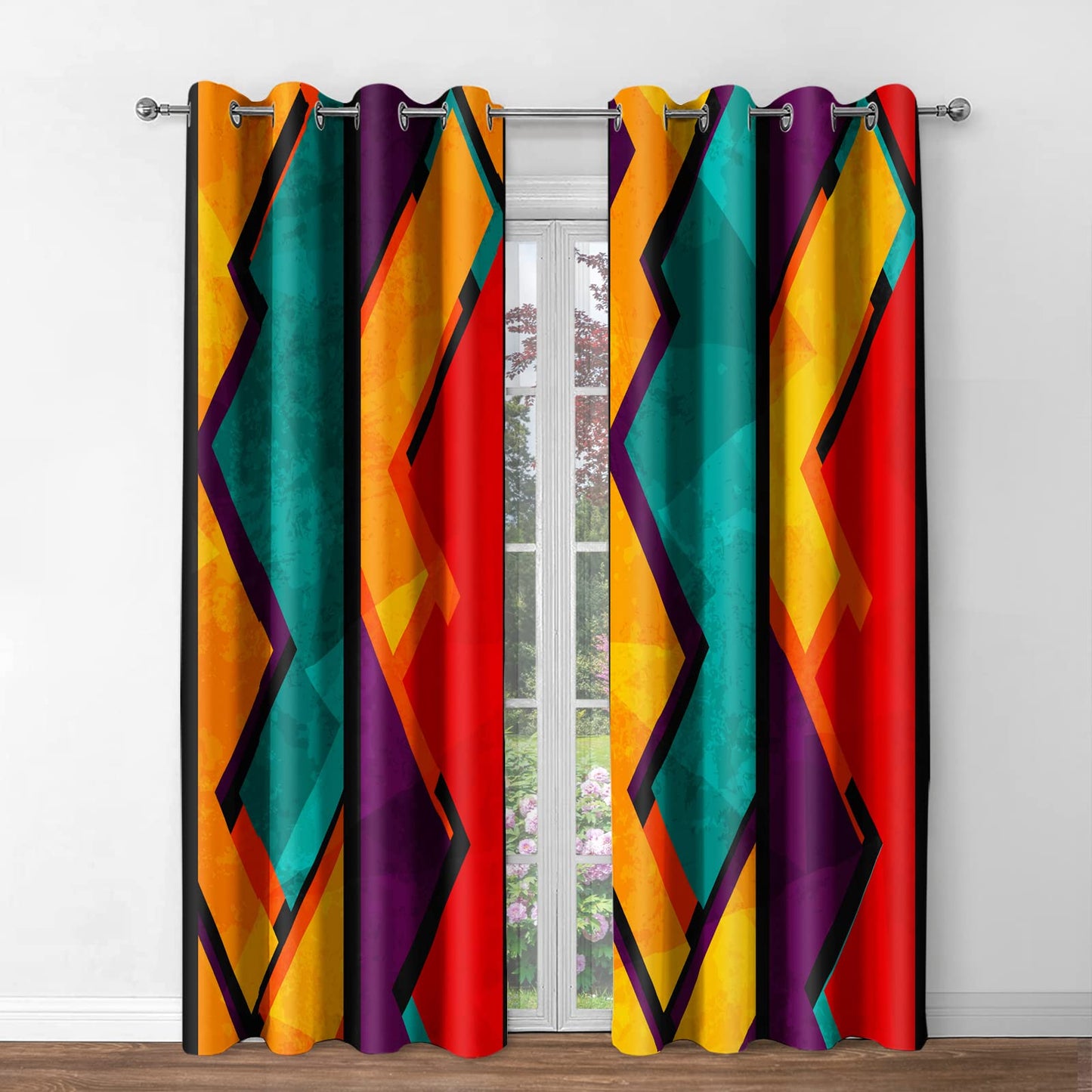 Jekeno Geometric Patterns Blackout Curtains - Colorful Pop Art Style Rainbow Grid Grommet Top Drapes Decor Bedroom Apartment Living Room Darkening Privacy Window Treatments 2 Panels Set, 52"x 84"