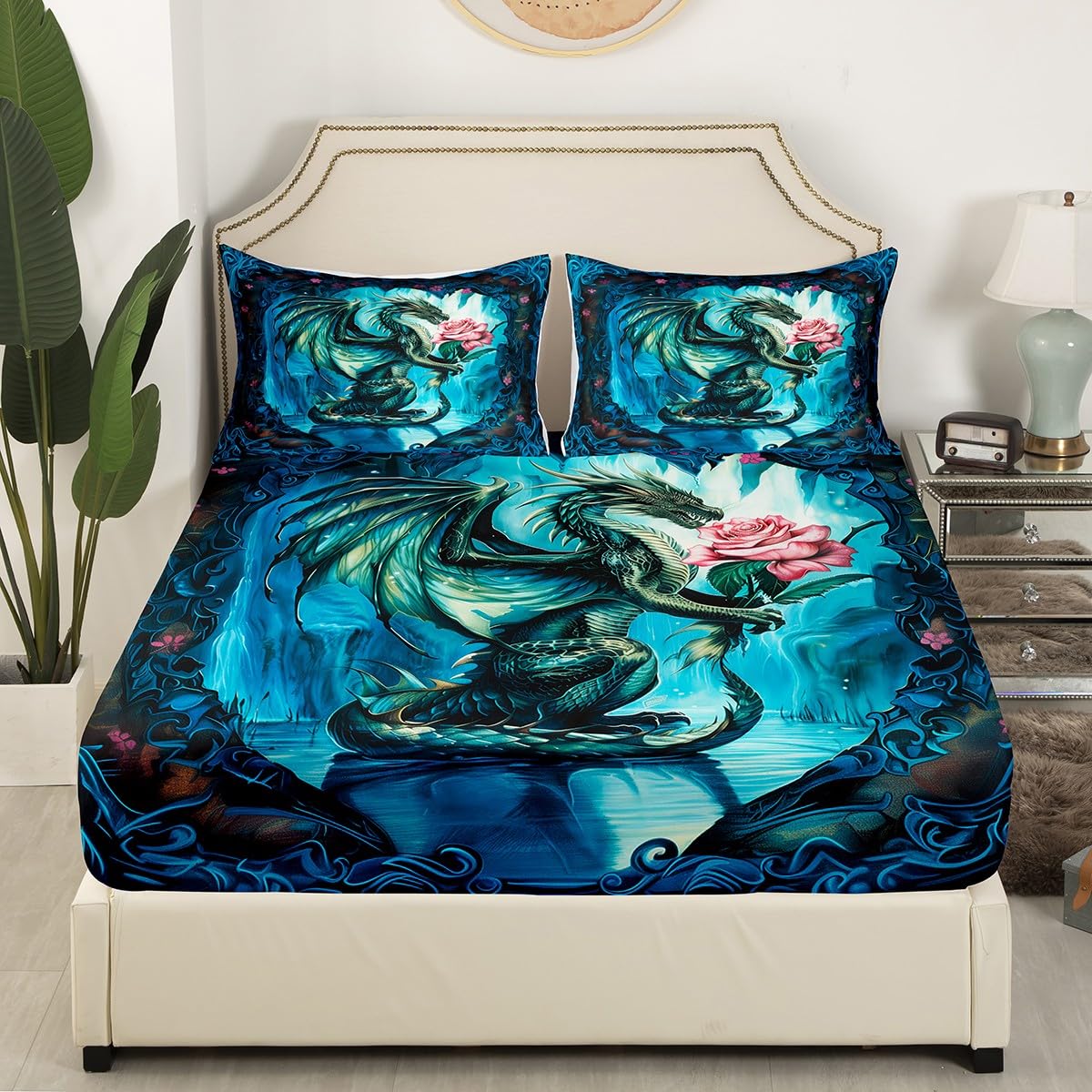 3D Dragon Fitted Sheet Queen Size,Pink Rose Floral Bedding Set 3Pcs for Kids Girls Boys Teens Room Decor,Western Animals Bed Sheets Mysterious Magical Style Blue Deep Pocket Sheet,2 Pillowcases