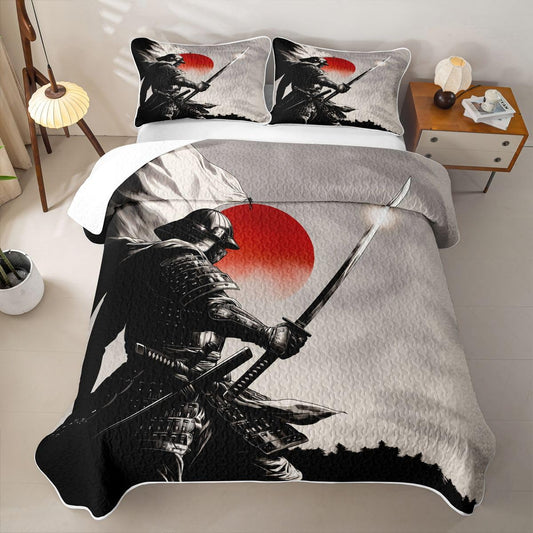 Erosebridal Boys Samurai Quilt Twin Size - Sunrise Journey Bedspread Red Sun Japanese Style Bed Coverlet with 1 Pillowcase