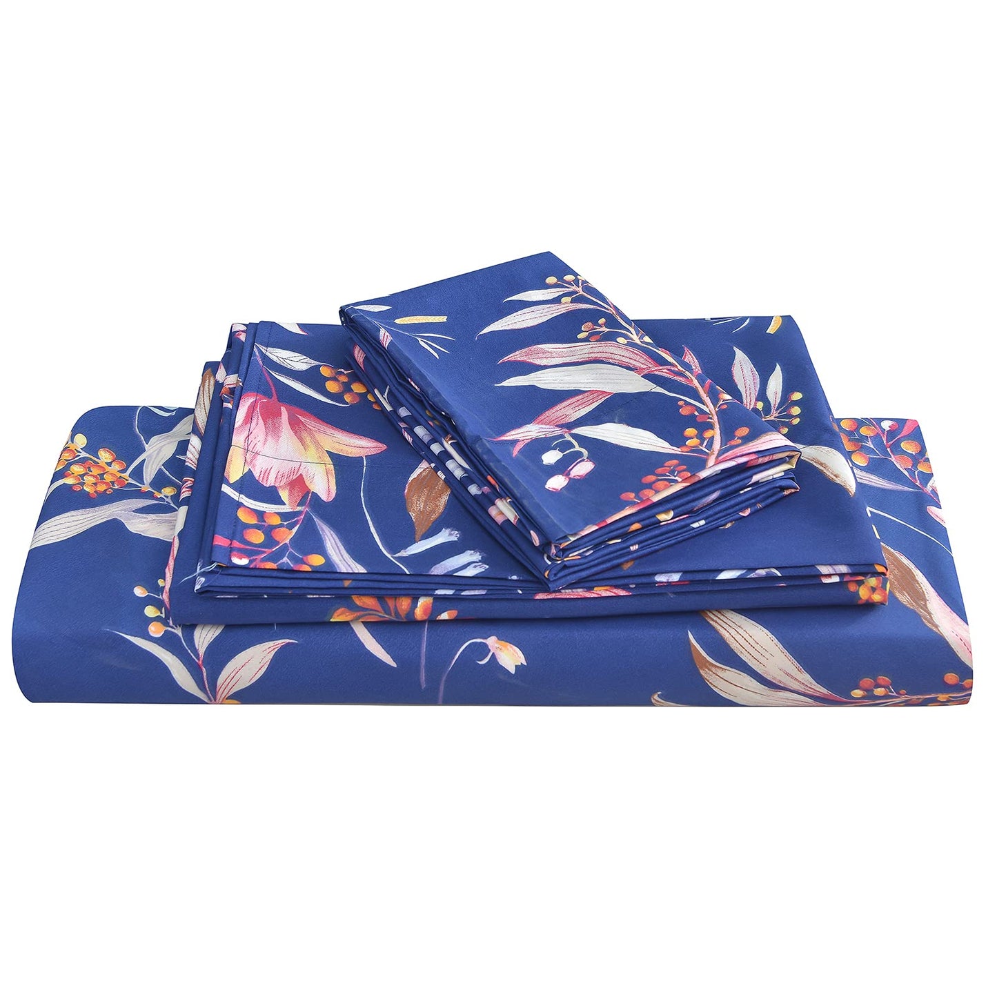 JSD Navy Floral Sheet Set Queen Size, 4 Piece Soft Printed Microfiber Sheets Extra Deep Pocket