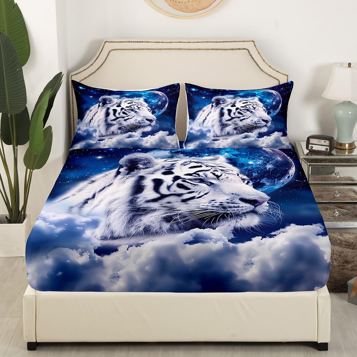 Galaxy White Tiger Bed Sheets King,Wild Animal Print Bed Sheet Set Boho Nebulas Stars and Moon Wildlife Bedding Set Outer Space Bed Cover Sky Starry Fitted Sheet + Blue Flat Sheet + 1 Pillow Case