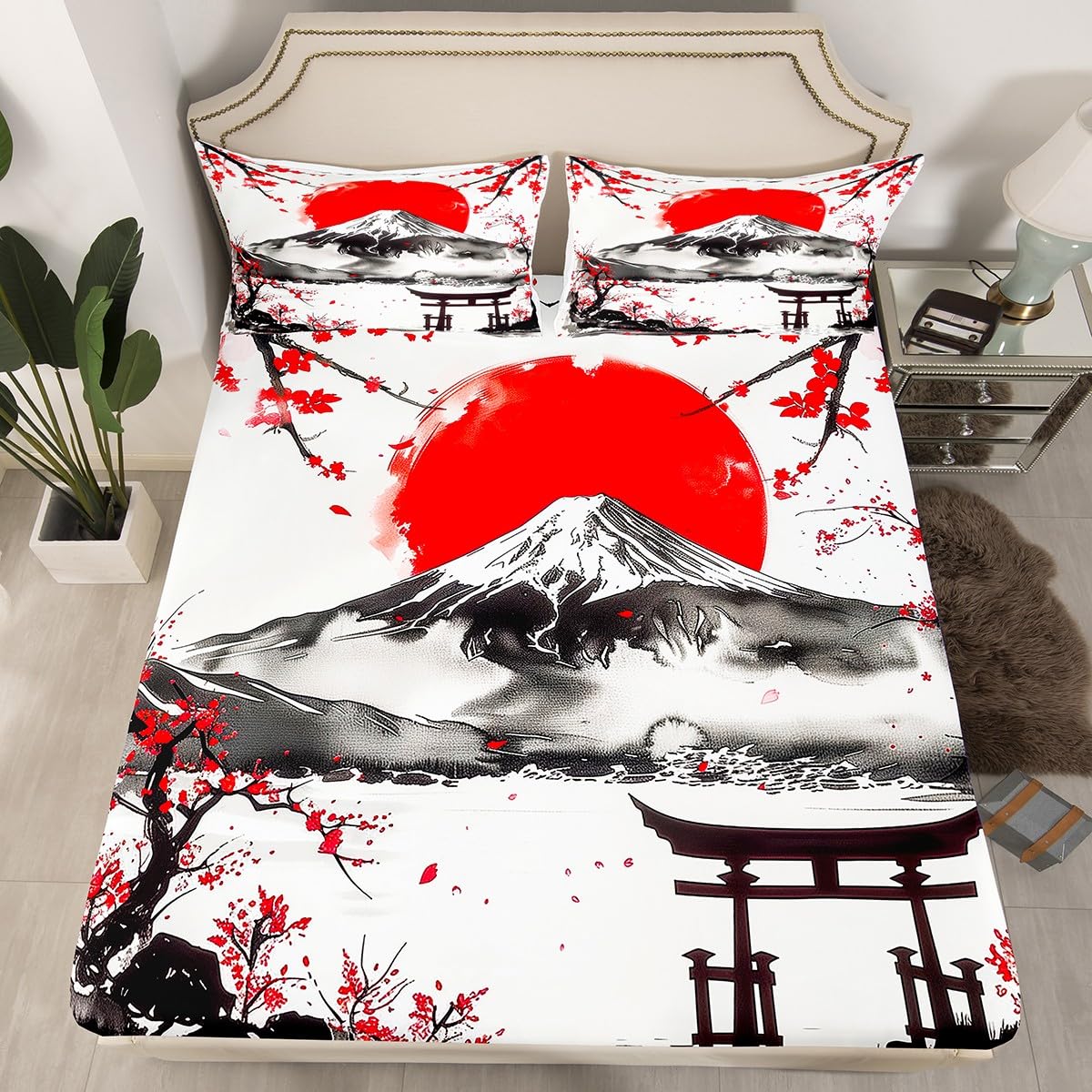 Feelyou Japanese Theme Bedding Sheets Full Fujiyama Bed Sheet Set for Adult Kids Cherry Blossom Fitted Sheet Natural Landscape Bed Cover 3Pcs,1 Fitted Sheet+2 Pillow Sham（No Flat Sheet）