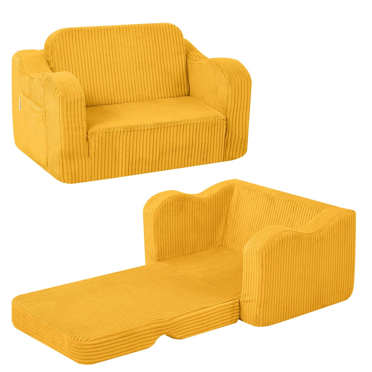 MeMoreCool Kids Couch, 2-in-1 Corduroy Kids Couch Fold Out to Recliner, Comfy Kids Chair for Ages 3+, Cushioned Foam Kids Sofa with Washable Cover for Playroom and Bedroom, Mustard Yellow