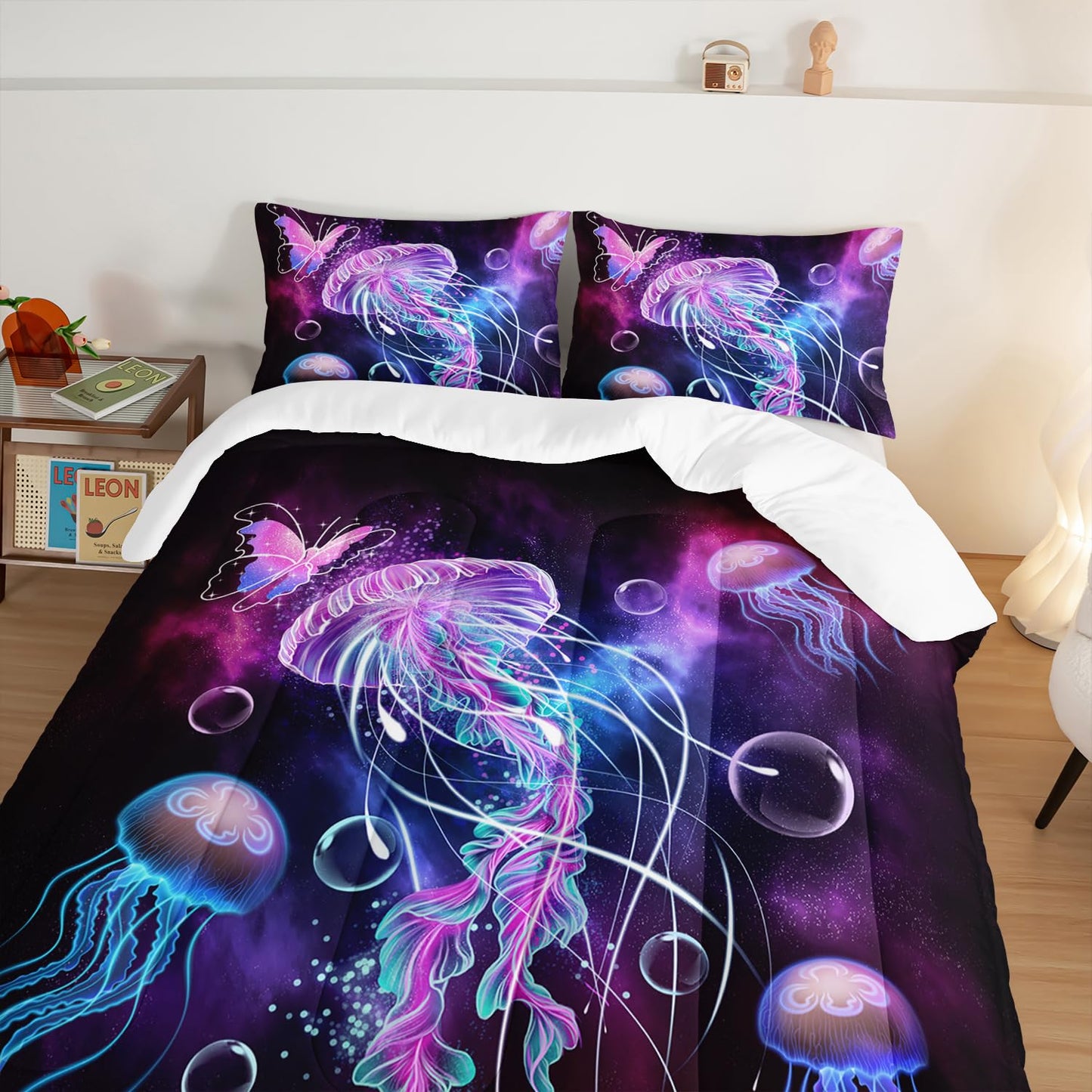 HOSIMA Jellyfish Printed Comforter Ocean Theme Bedding Set 3 Piece, Starry Sky Galaxy Bedding Room Decor Butterfly Comforter for Kids Teens Adult