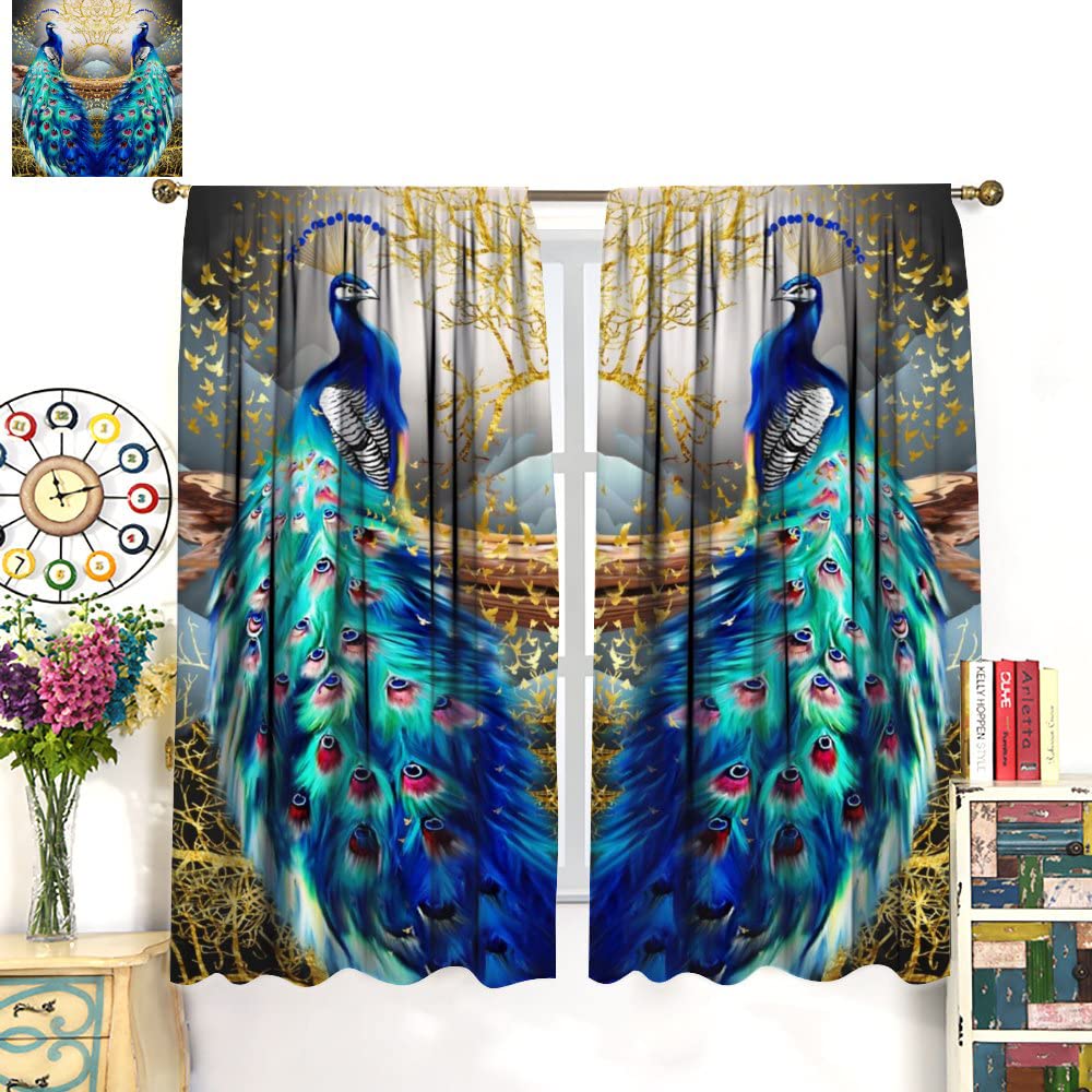 Peacock Curtains,Beautiful Two Peacock Golden Butterfly Tree Art Pattern Window Drapes for Living Room Bedroom Kitchen Decor,Rod Pocket Room Decor Curtains,42 x 45 Inch
