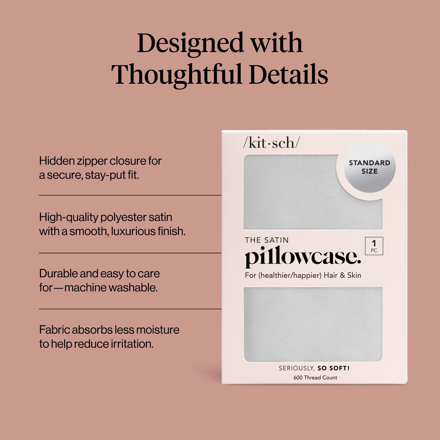 Kitsch Satin Pillowcase with Zipper for Hair & Skin - Softer Than Silk Pillow Cases, Smooth Cooling Satin Pillow Case, Wrinkle-Free, Machine Washable - Pillow Cases Standard Size (19x26) - Silver