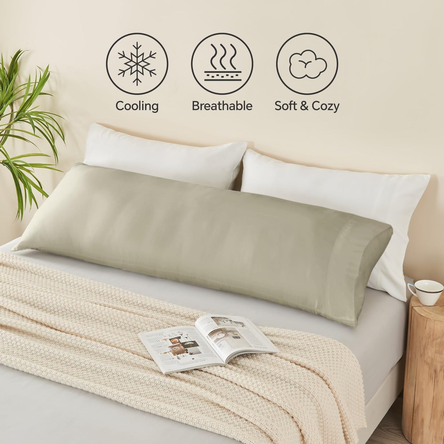 BEDELITE Body Pillow Cover, Rayon Made from Bamboo, Cooling Body Pillow Pillowcase for Hot Sleepers and Night Sweats, Breathable & Silky Soft Full Long Pillow Case Cover (Linen, 20x54 Inches)