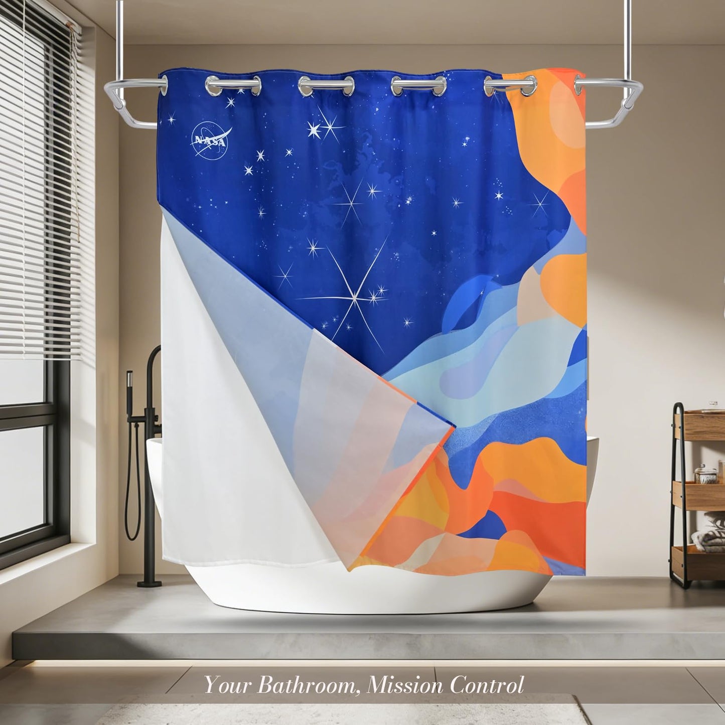DRIFTED ROOT NASA Licensed No Hook Shower Curtain Set, Cosmic Dunes Nebula Starscape Design, Space Poster Art, Oxford Cloth, Bathroom Hotel Decor (Cosmic Dunes-Blue, 72" W x 74" L (Pack of 1))