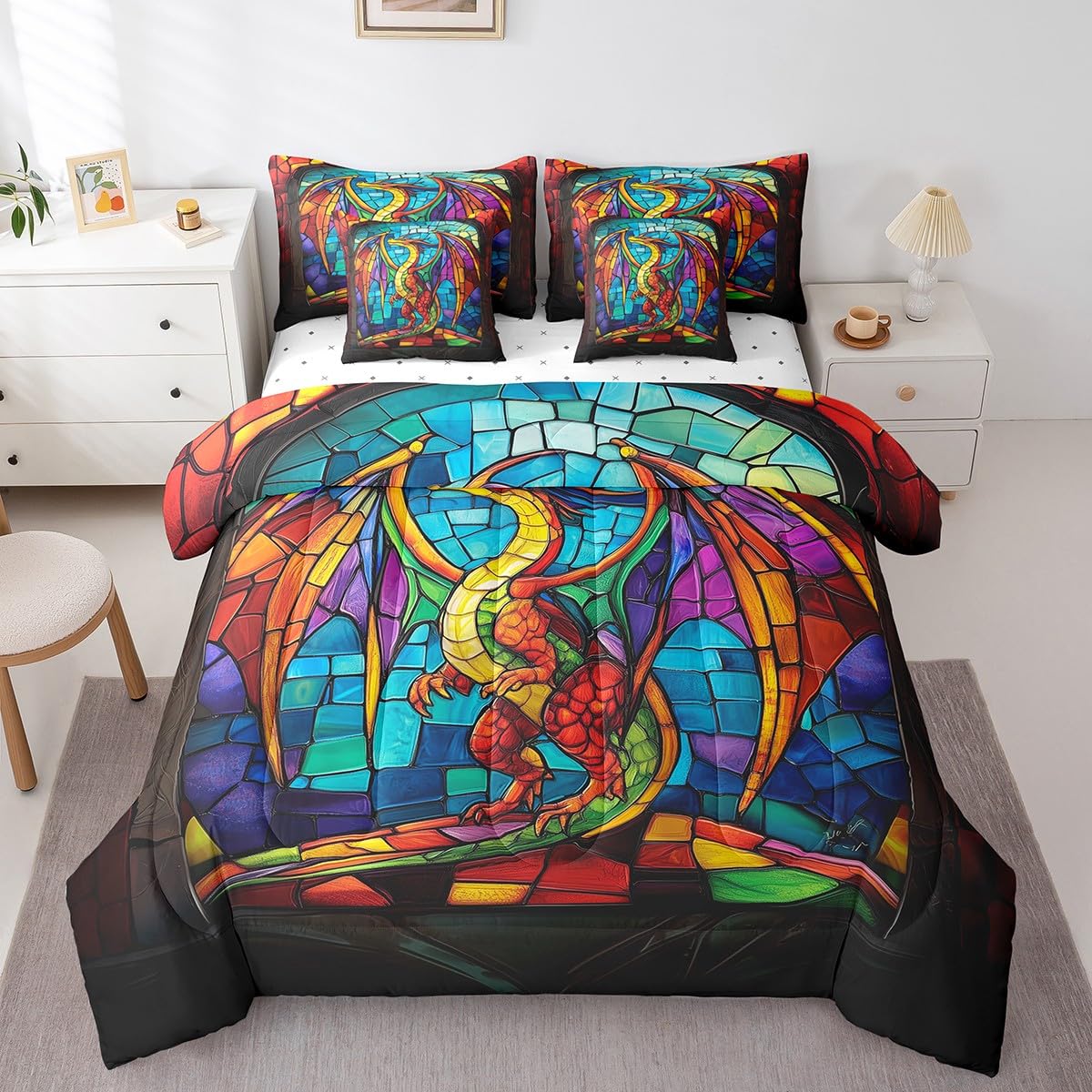 Erosebridal Western Dragon Bed in A Bag with Sheets Exotic Boho Style Dragon Twin Comforter Set 7 Piece Fantasy Dragon Bedding Set for Kids Boys Teen Men Magical Wildlife Animal Bed Set