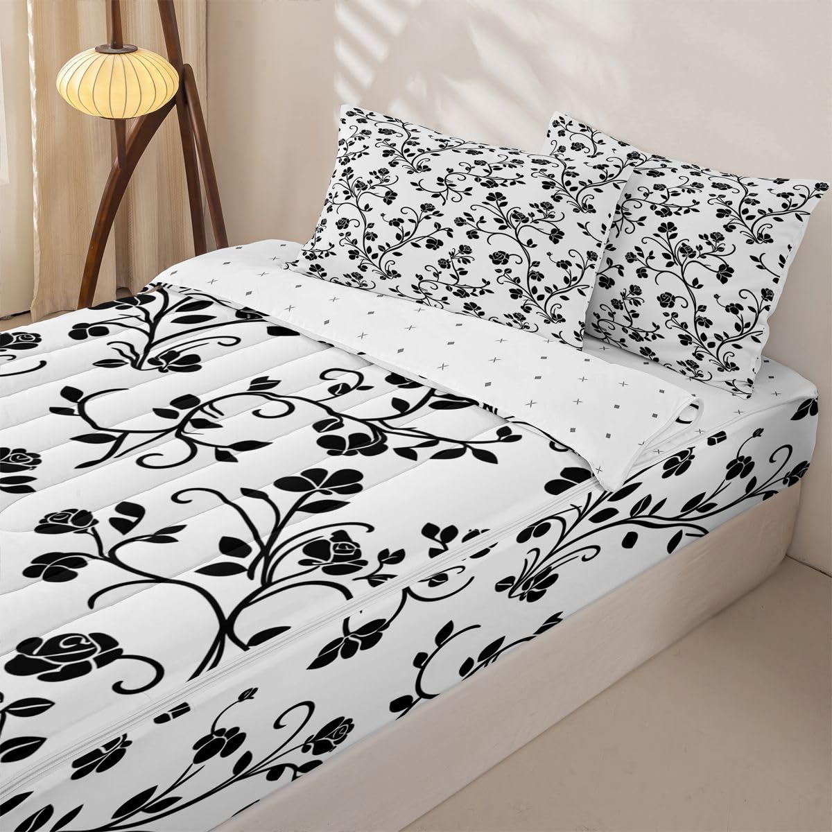 jejeloiu Retro Black White Rose Comforter Set Queen Size Zipper Bedding Set for Girls Boys Floral Comforter with Fitted Sheet, Pillowcases Botanical Flowers Zipper Bedding Soft Breathable Bed in a Bag