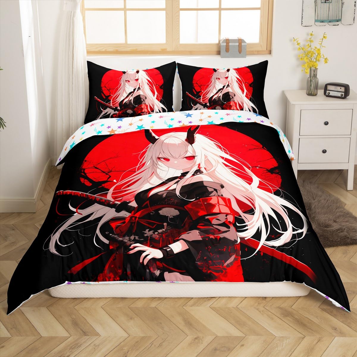 Erosebridal Full Japanese Anime Comforter Cover for Kids, Anime Girl Duvet Cover Kawaii Japanese Style Bedding Set Cartoon Japan Animation Bed Set for Boys Teen Adult Women Bedroom,Red Black