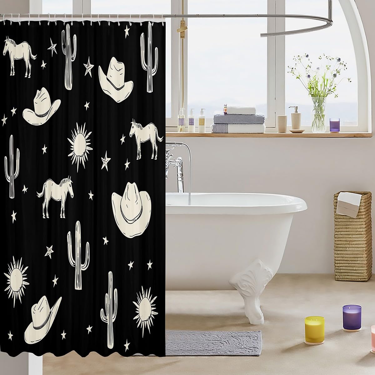 jejeloiu West Cowboy Shower Curtain 72"x78" Western Bath Curtain Boys Girls Teens Cactus Hat Horse Bathroom Shower Curtain Set Waterproof Rodeo Cowboy Kids Bathroom Accessories Star Sun,12 Hooks Suits