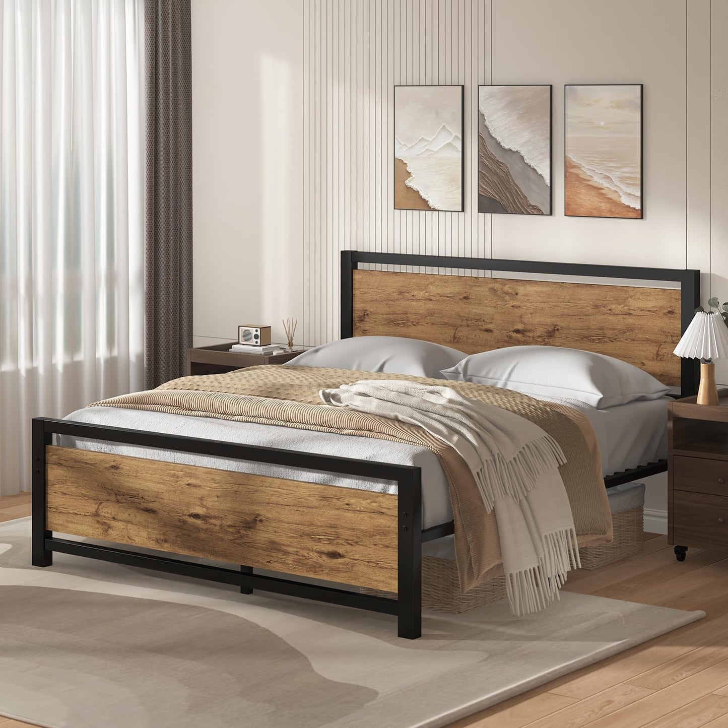 IMMERSTABLE Queen Bed Frame with Headboard, No Box Spring Needed, Sturdy Support Slats, Easy Assembly, Mattress Foundation for Bedroom, Guest Room and Apartment, Black Brown