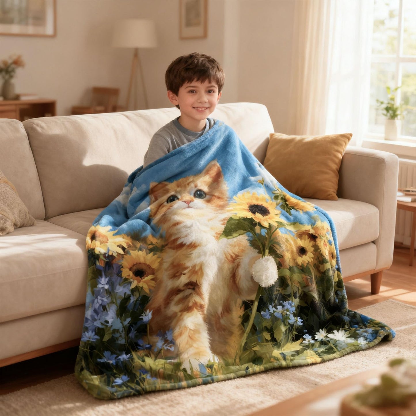 kampdream Orange Cat and Sunflower Flannel Blanket Throw, Super Soft Cozy Nap Blanket with Fun Animal Pattern for Sofa Travel and Camping, for All Seasons 50"x60" inch Yellow Blue Kitty