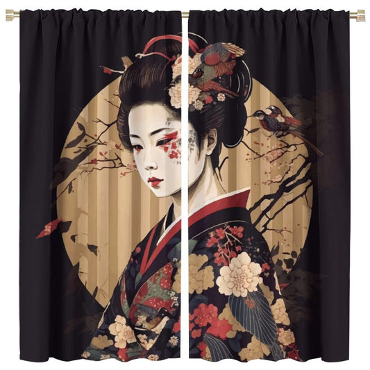 Japanese Blackout Curtain, Vintage Beautiful Flower Bird Japan Geisha Girls Cherry Blossoms Pattern Decor Windows Rod Pocket Curtains for Bedroom Living Room Kitchen Cafe Office Drapes 42" Wx45 L