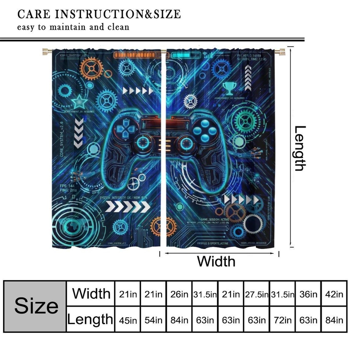 VUMIVI Gaming Curtains Futuristic Cyberpunk Neon Blue Game Controller Sci-Fi Mechanical Gear HUD Rod Pocket Window Treatments for Boys Bedroom Gamer Room Apartment Dorms Cafe 42" W X 44.5" L