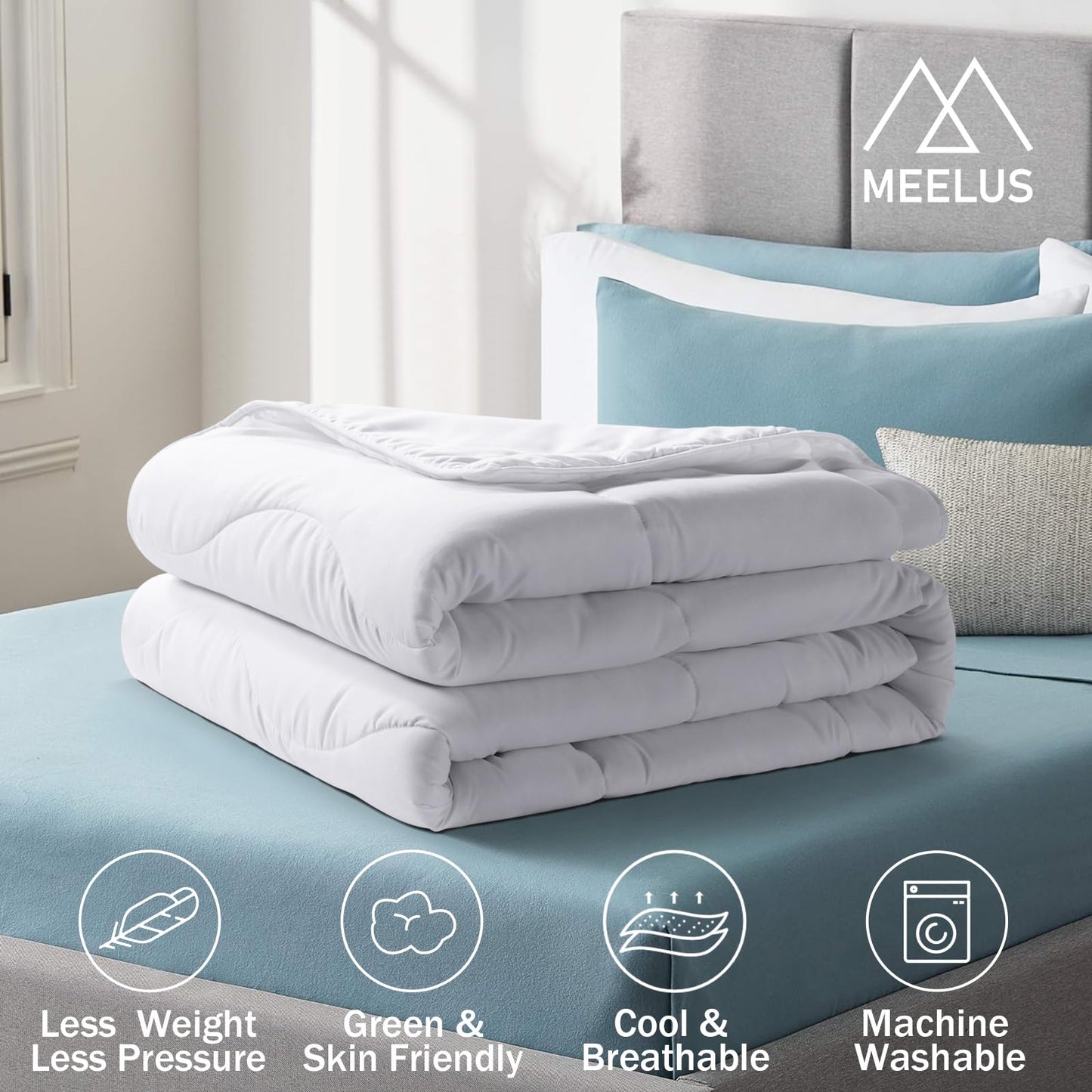 MEELUS Lightweight Comforter Cooling White, All Season Duvet Insert Breathable King Size Summer Bedding, Soft Microfiber Cool Down Alternative Quilt with Corner Tabs, 102x90 inch