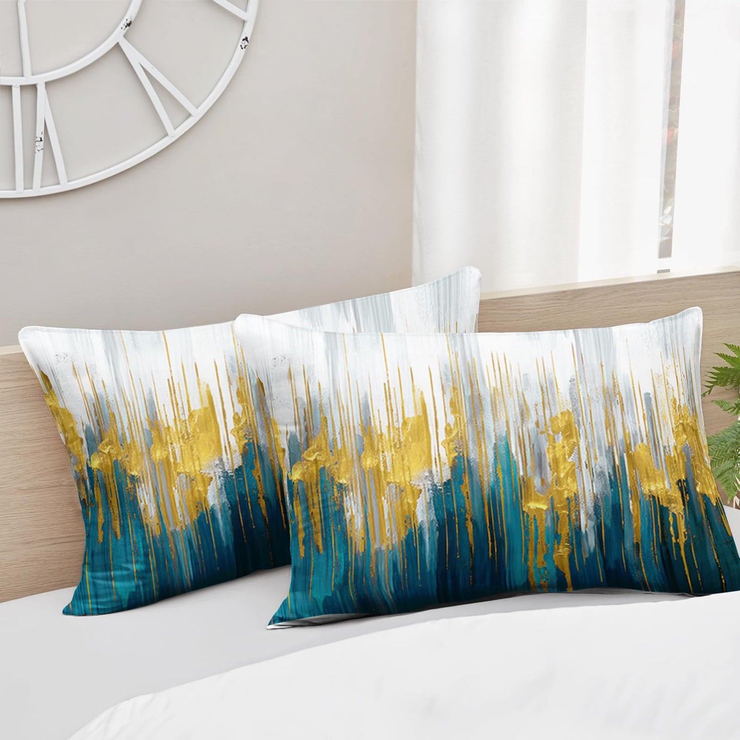 Nttopship Lake Blue White Golden Gradient Print Comforter Set King Size,Abstract Art Bedding Set,Patchwork Printed Quilted Set for Teens Adult,with 1 Comforter and 2 Pillow Case