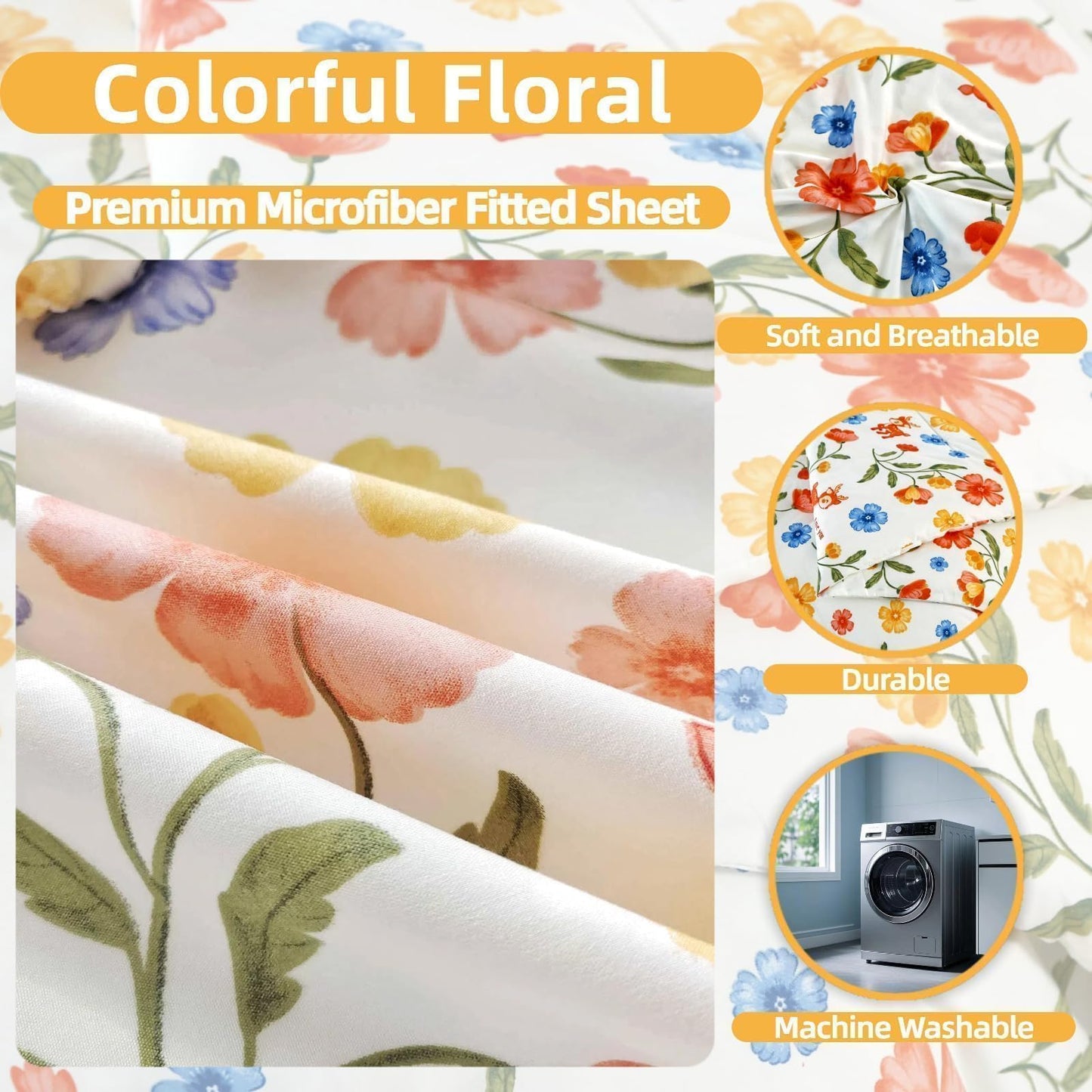 SDIII Reindeer and Floral Queen Fitted Sheet with 2 Pillowcases, Deep Pocket Soft Microfiber Fawn and Floral Sheet Queen Size All Season