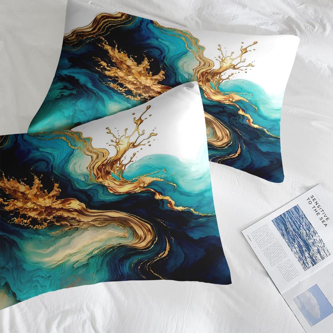 Pamnest Comforter Set Queen Size, Mint Green Marble Gold 7 Pcs Bedding for Kids and Adults, Teal Turquoise Blue Bed Sheet Sets with Fitted Sheet 2 Pillowcase & 2 Sham for Bedroom Bed Decor