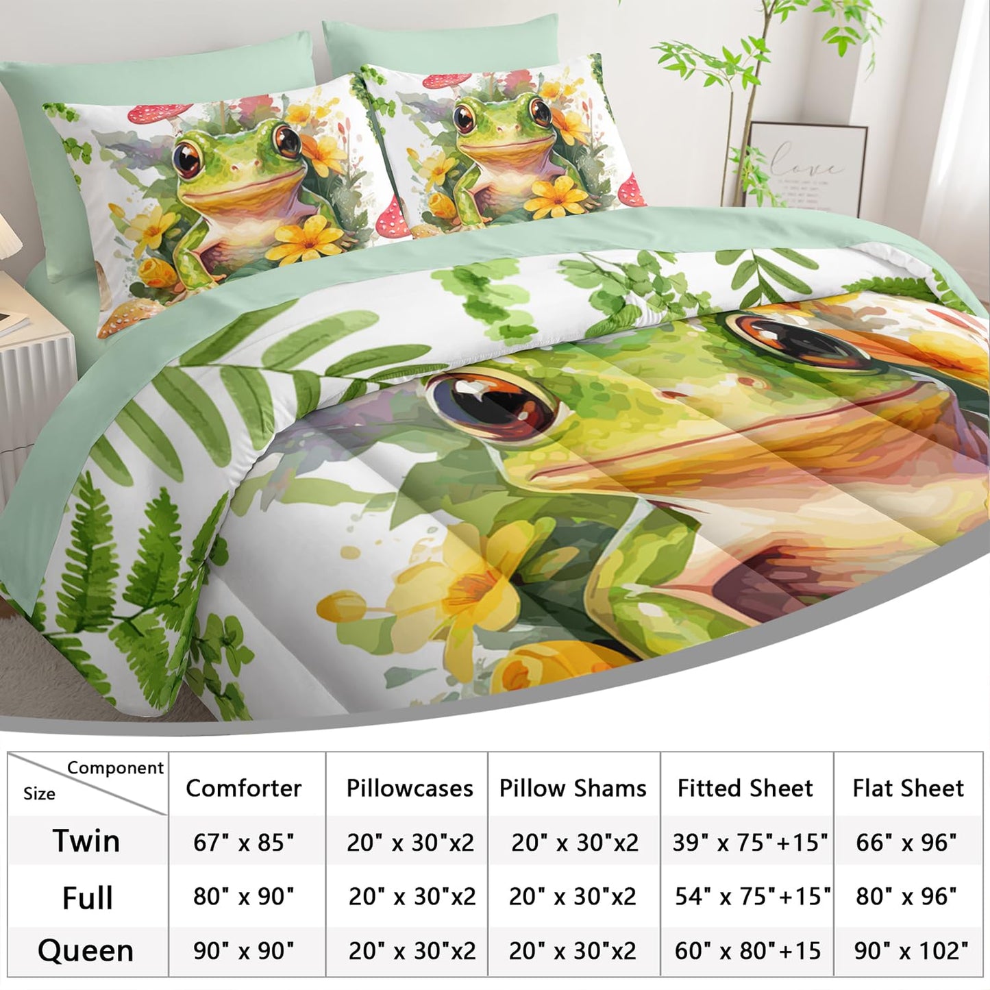 AILONEN Green Frog Comforter Set Twin 7-Piece Bed in a Bag,Tropical Amphibian Tree Frog Bedding Set for Kids Boys Girls,Soft Comforter & Fitted Sheet with Flat Sheet,2 Pillowcases,2 Pillow Shams