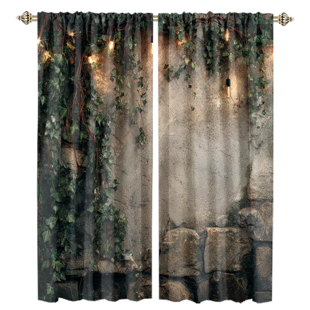 XSUPFLYM Retro Realistic Stone Wall Window Thermal Curtain for Living Room Mid Century Classic Spring Landscape Botanical Plant Green Leaves Blackout Curtains for Bedroom 2 Panels Each 21" W x 54" L