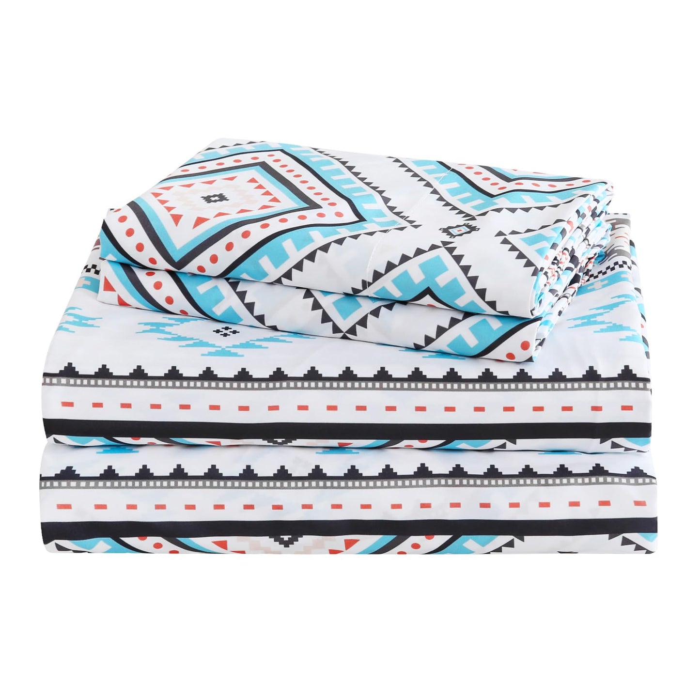 CozySmile 4 Pieces King Sheet Set Bohemian, Boho Sheets Soft Microfiber Deep Pocket, Western Sheets Geometric(King, Turquoise Geometric)