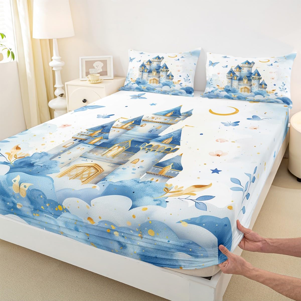 Erosebridal Girls Princess Twin Fitted Sheet - Castle Dreamy Bedding Set for Kids Teen, Blue Butterfly Floral Bottom Sheets Only | Moon and Stars Cute Girly Bed Set 2 Piece Bedroom Decor