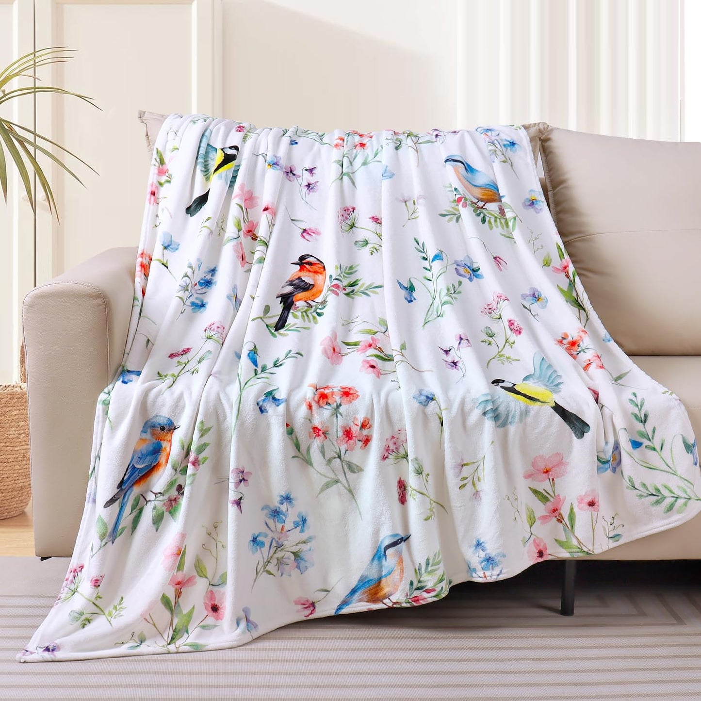 Floral Bird Blanket Ultra Soft Watercolor Flowers Throw Blankets Wildflower Flannel Fleece Throw Botanical Warm Cozy Fuzzy Plus Gifts Cabin Blanket for Bed Sofa, 50" X 60"