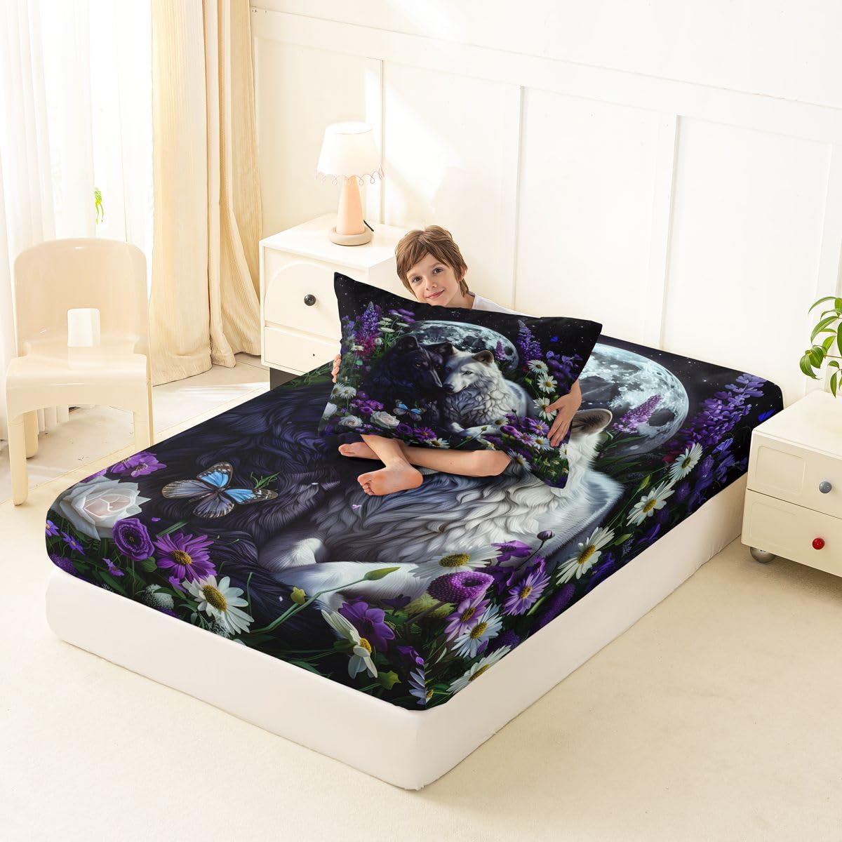 Feelyou Wolf Fitted Sheet with 1 Pillowcase Twin Size Halloween Themed Bed Sheets Set 16" Deep Pocket Boys Girls Trick or Treat Bedding Teens Bedroom Decor Breathable Soft Lightweight Microfiber