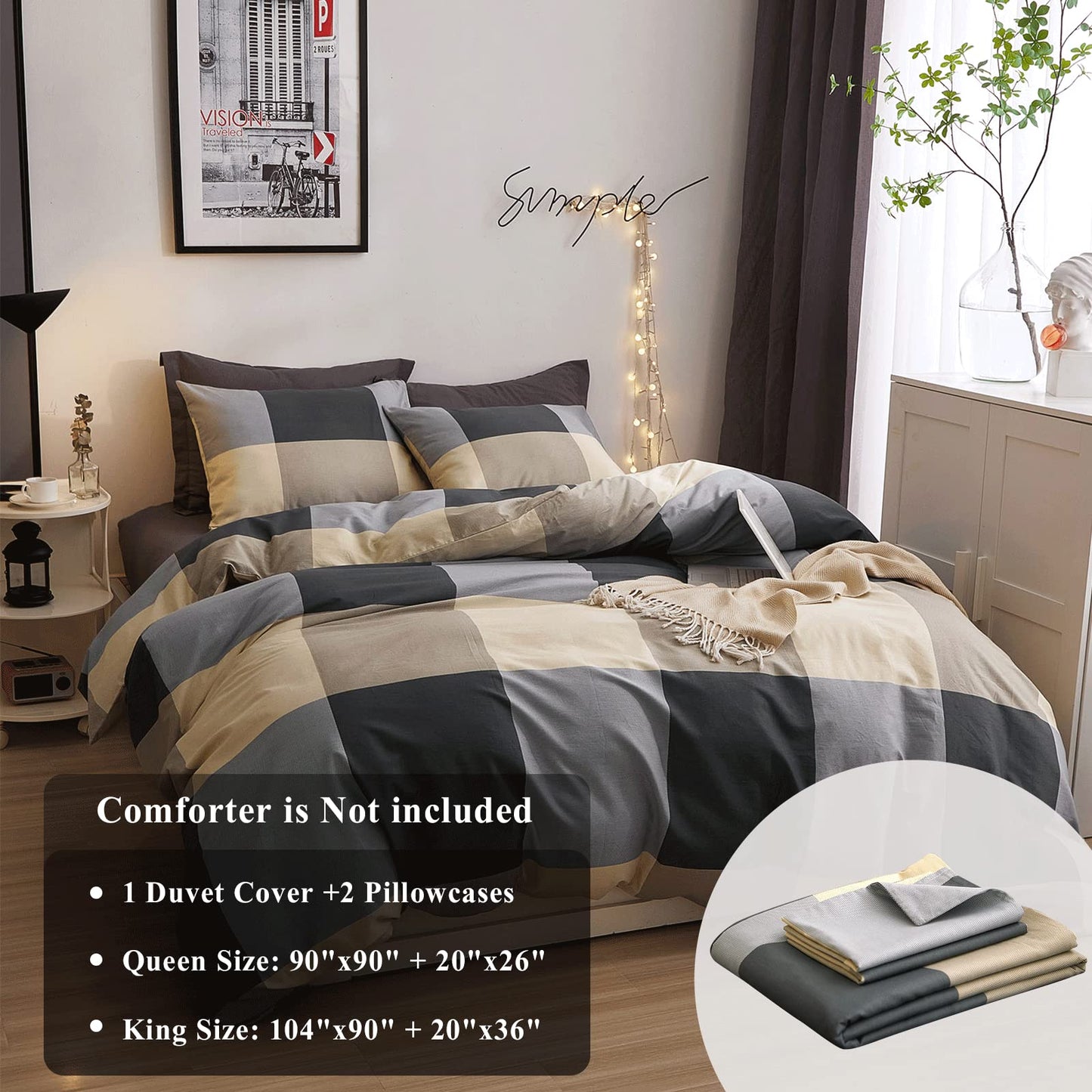 VM VOUGEMARKET Teens Boys Duvet Cover Queen,3 Pieces Black Gray Plaid Bedding Duvet Cover Set,100% Cotton Simple Modern Farmhouse Bedding Set Without Comforter-90x90,Checkered