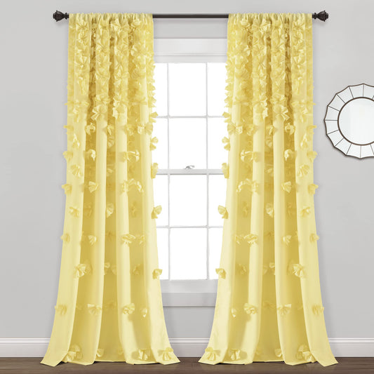 Lush Decor Riley Light Filtering Window Curtain Panel, Single 54" W x 84" L, Yellow - Cute Yellow Curtains for Bedroom - Bow Decor - Coquette Curtains for Windows