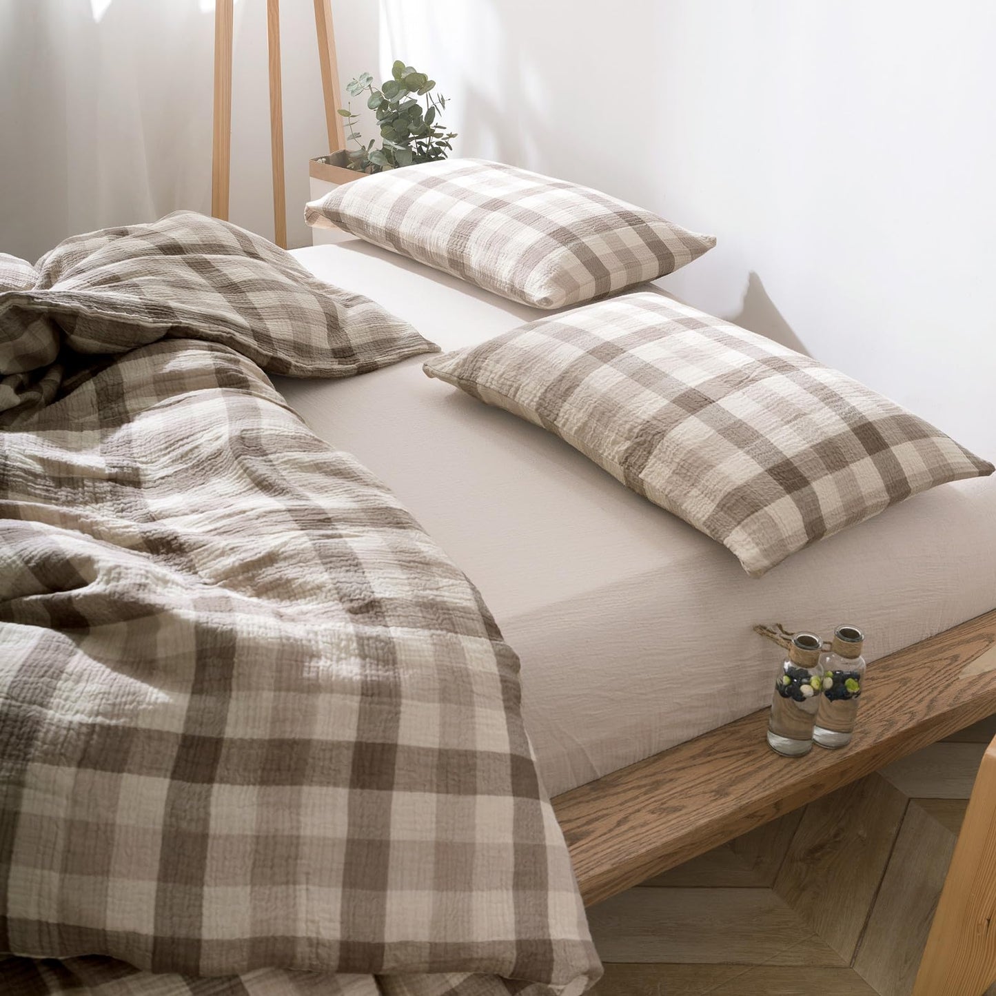 VM VOUGEMARKET Beige Grey Gingham Duvet Cover Queen Muslin Cotton Plaid Bedding Set Soft Breathable Linen Like Gauze Comforter Cover with Zipper Closure for Teen Men-3 Pieces,90"x90"