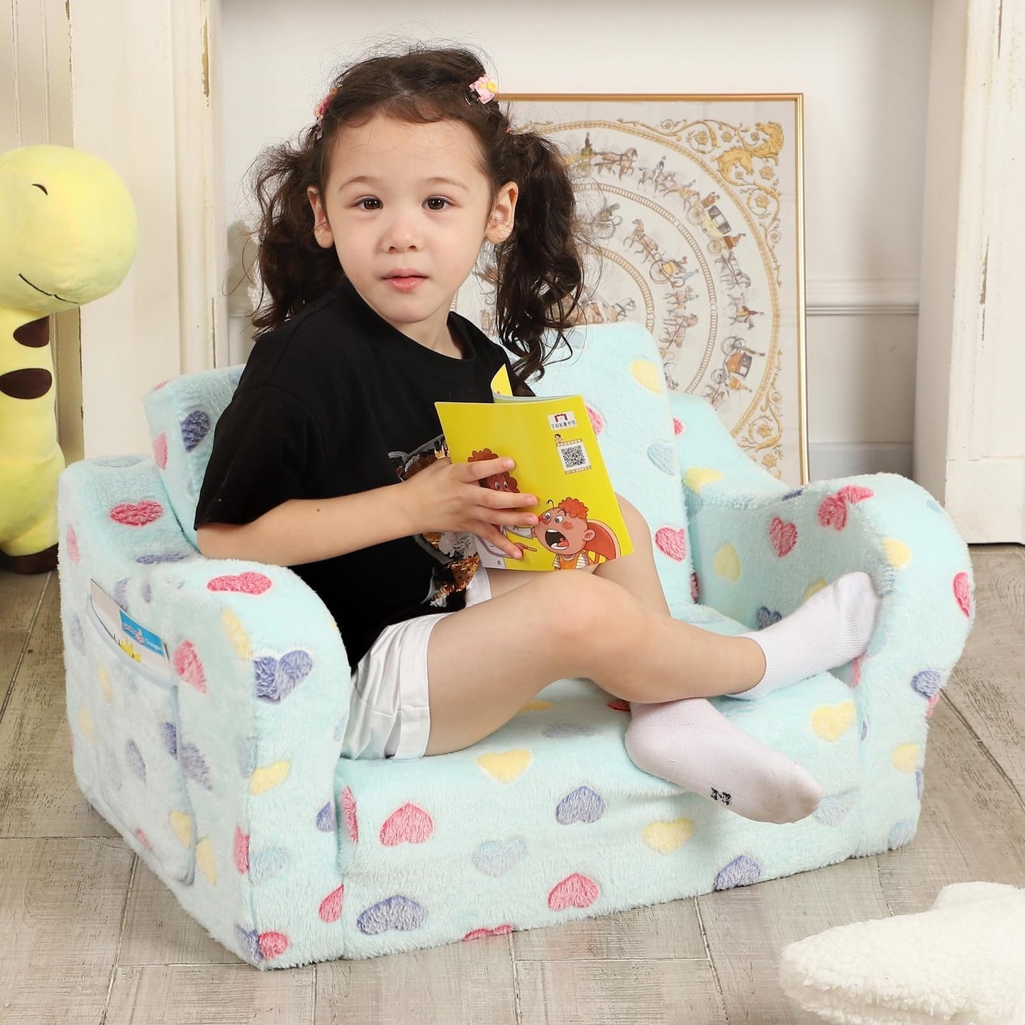 MOMCAYWEX Toddler Couch, 2-in-1 Kids Soft Couch Fold Out with Star Pillow, Foldable Sofa to Lounger, Medium, Colorful Heart