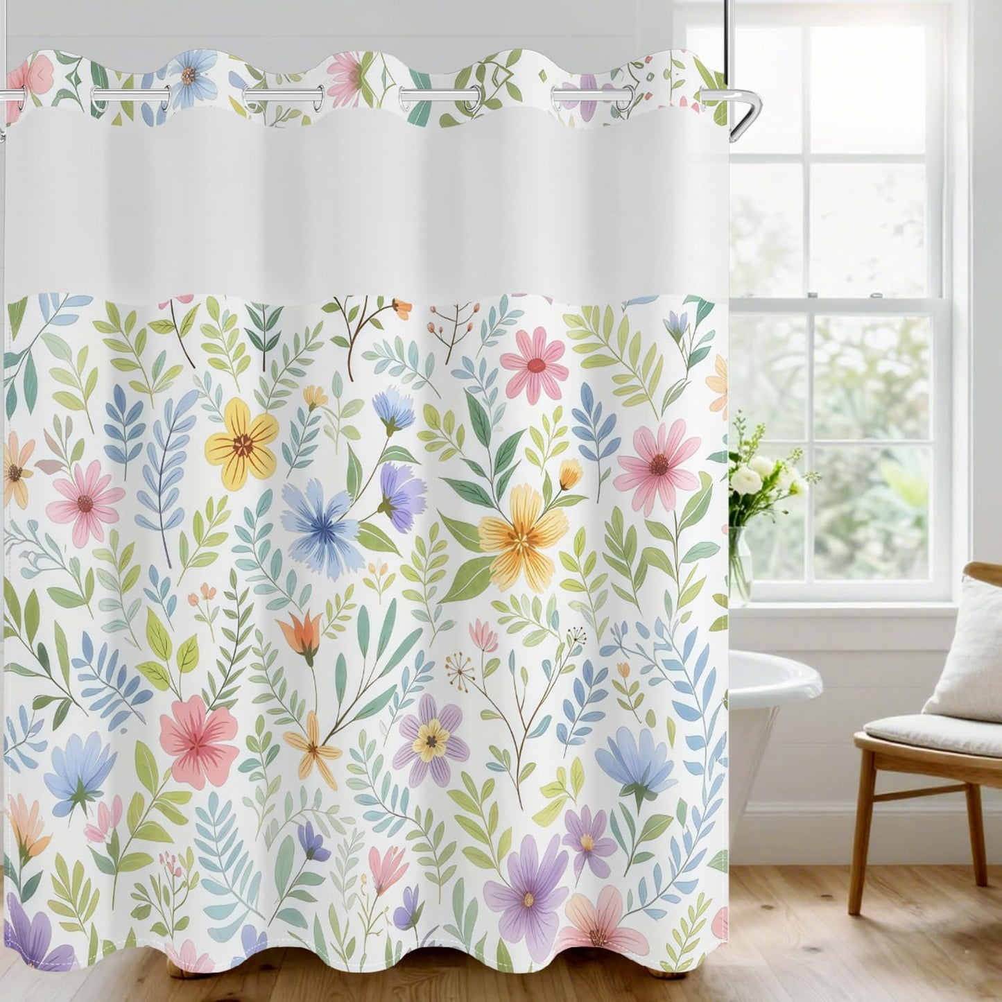 No Hook Shower Curtain with Snap in Fabric Liner Set, Waterproof & Washable, Boho Colorful Plant Floral Shower Curtains for Bathroom, Farmhouse Rustic Flower Bathroom Curtain, House Gift, 71x74 inch