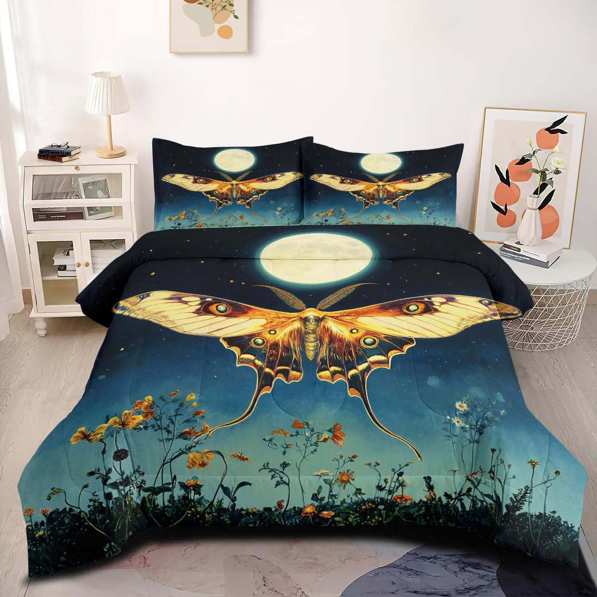CCoutueChen Gothic Moth Comforter Set Queen Size Navy Blue Butterfly Bedding Set Modern Aesthetic Comforters Soft Lightweight Microfiber Comforter Sets for All Season