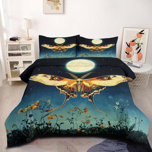 CCoutueChen Gothic Moth Comforter Set Queen Size Navy Blue Butterfly Bedding Set Modern Aesthetic Comforters Soft Lightweight Microfiber Comforter Sets for All Season
