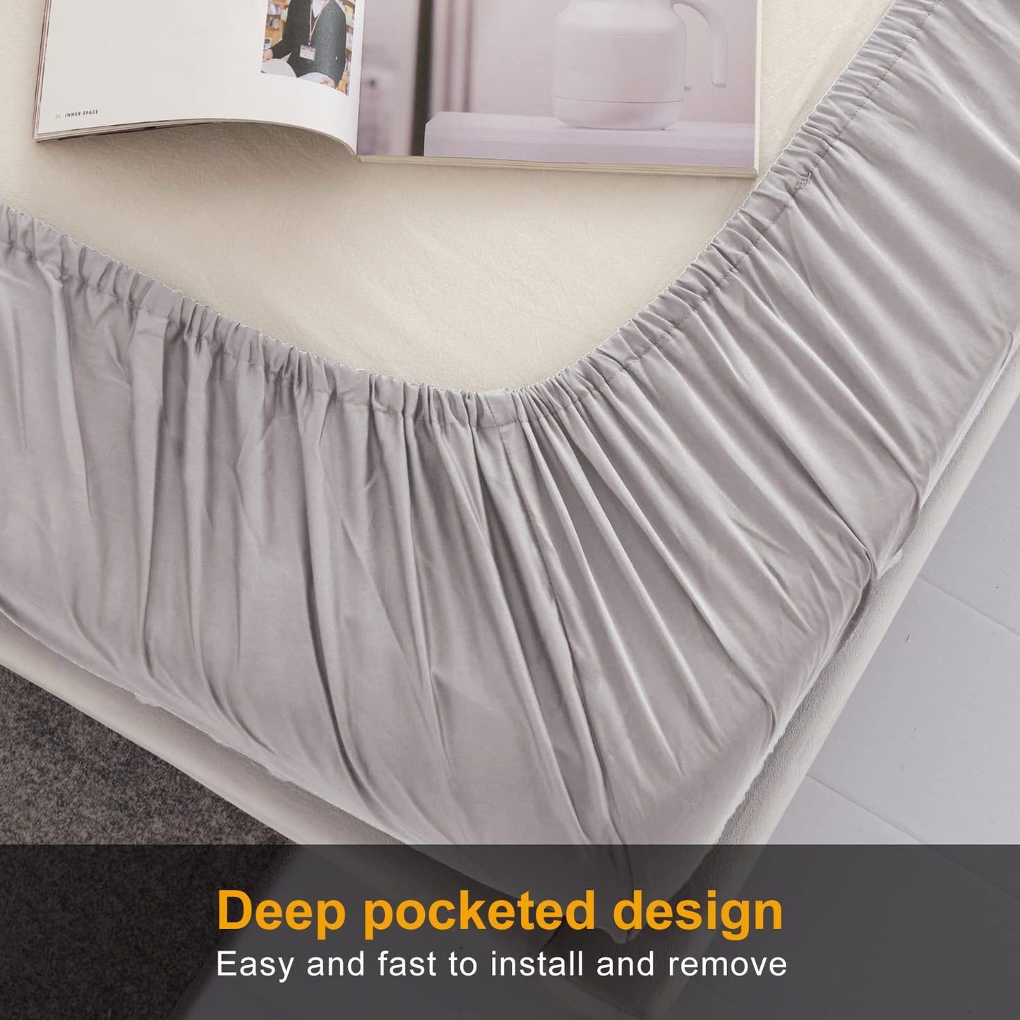 MILDLY Deep Pocket Fitted Sheet Only Queen Size 60"x80" 100% Long Staple Cotton Light Grey Pink Breathable Bottom Sheet Fits Up to 14" Deep Mattress