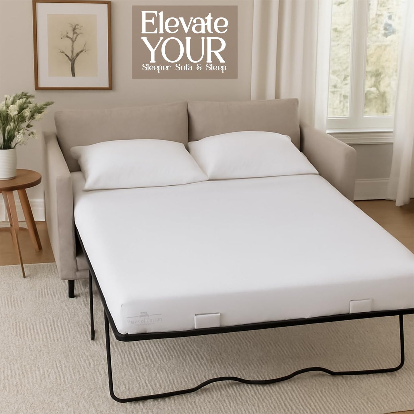 Sleeper Sofa Bed Sheet, 100% Cotton 400 Thread Count, 4 Piece Set, Deep Pocket Fitted Sheet, Soft Wrinkle Free & Breathable, Luxury Hotel Quality, Fits Up to 6 Inch Mattress (Full, White)