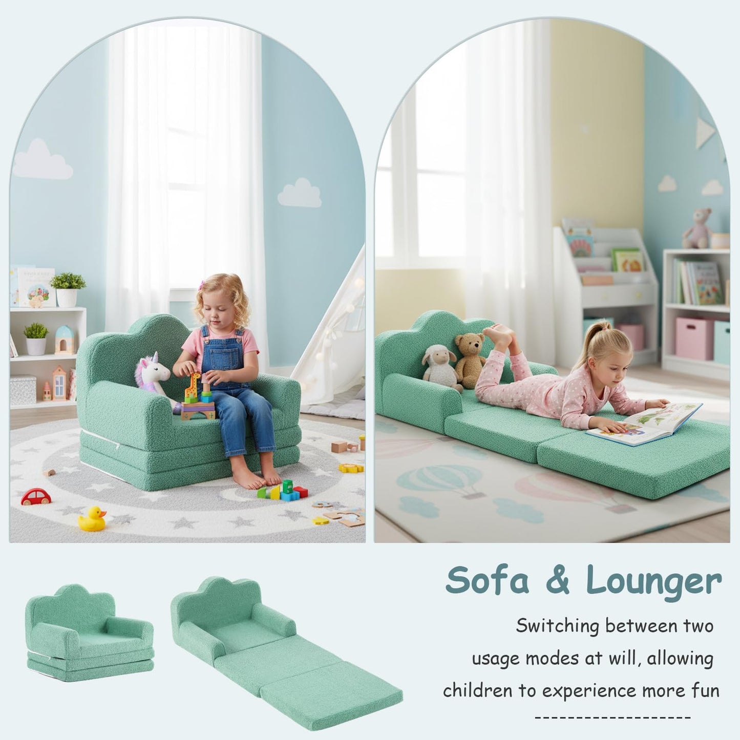 Tiita Kids Sofa, Foldable Nursery Toddler Couch, Childrens Couch with Carry Handle, Portable Toddler Foam Sofa Couch, Lightweight Kids Chair for Playroom, Dorm Room, Small Space, Green