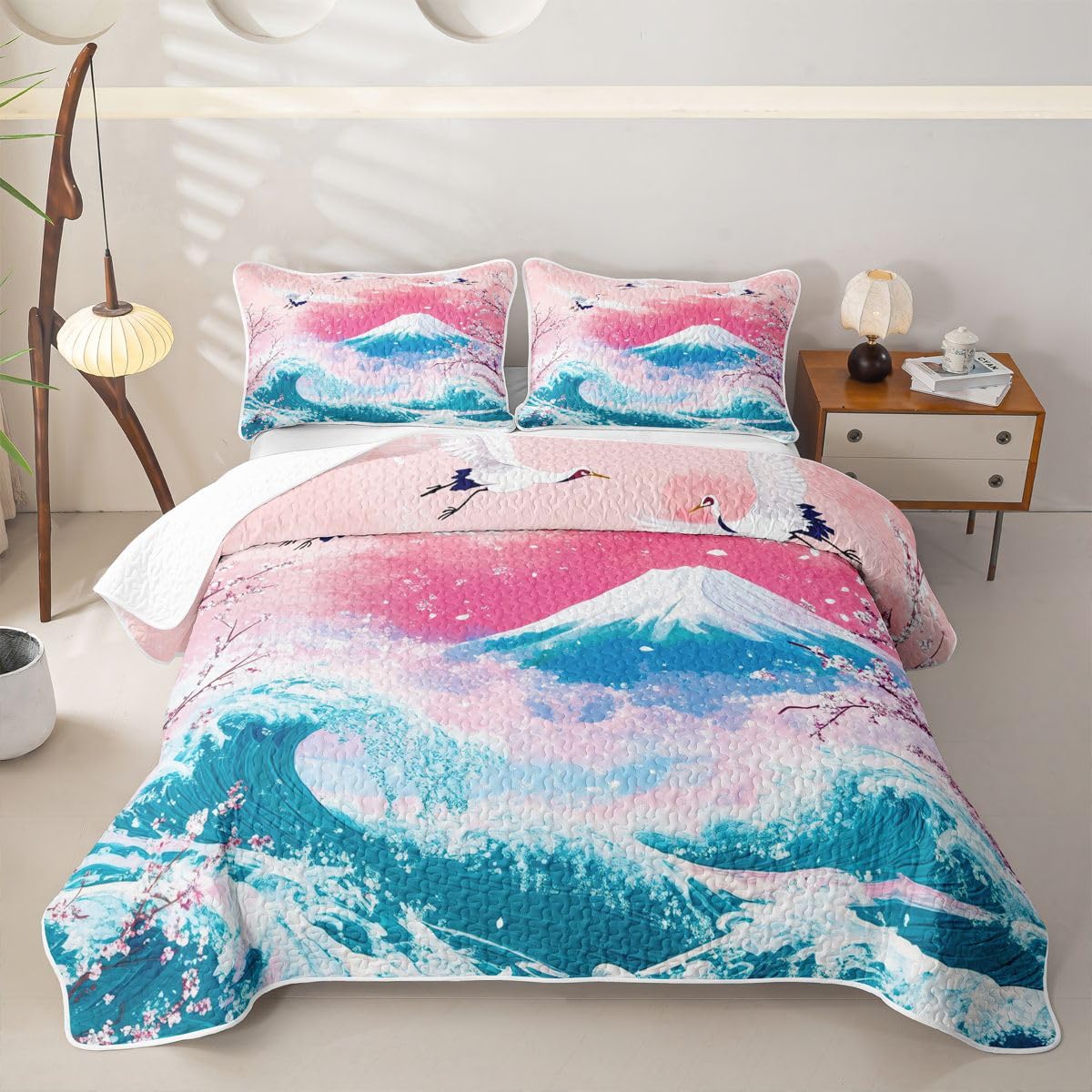 Erosebridal Pink Ocean Waves Quilts Twin Size - Japanese Style Bedspread Coverlet Set, Japanese Cherry Blossom Fuji Mountain Quilt Coverlets 2Pcs (Only 1 Pillowcase)