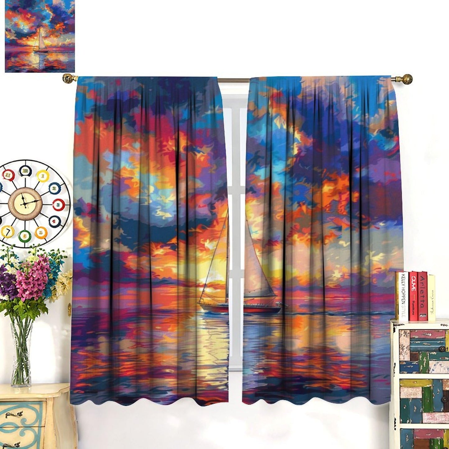 TOWINSFB Seaside Sky Cloud Sailboat Blackout Curtains for Living Room Bedroom, Colorful Sunset Ocean Ship Window Curtains Rod Pocket Thermal Insulated Window Drapes, 2 Panels, Each 21W x 45L