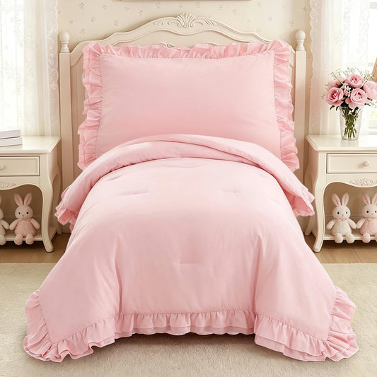 Wowelife Toddler Bedding Set for Girls, 4 Piece Double Ruffles Soft and Breathable Crib Bedding Set for Girls, Includes Quilted Toddler Comforter, Fitted Sheet, Flat Sheet and Pillowcase, Pink
