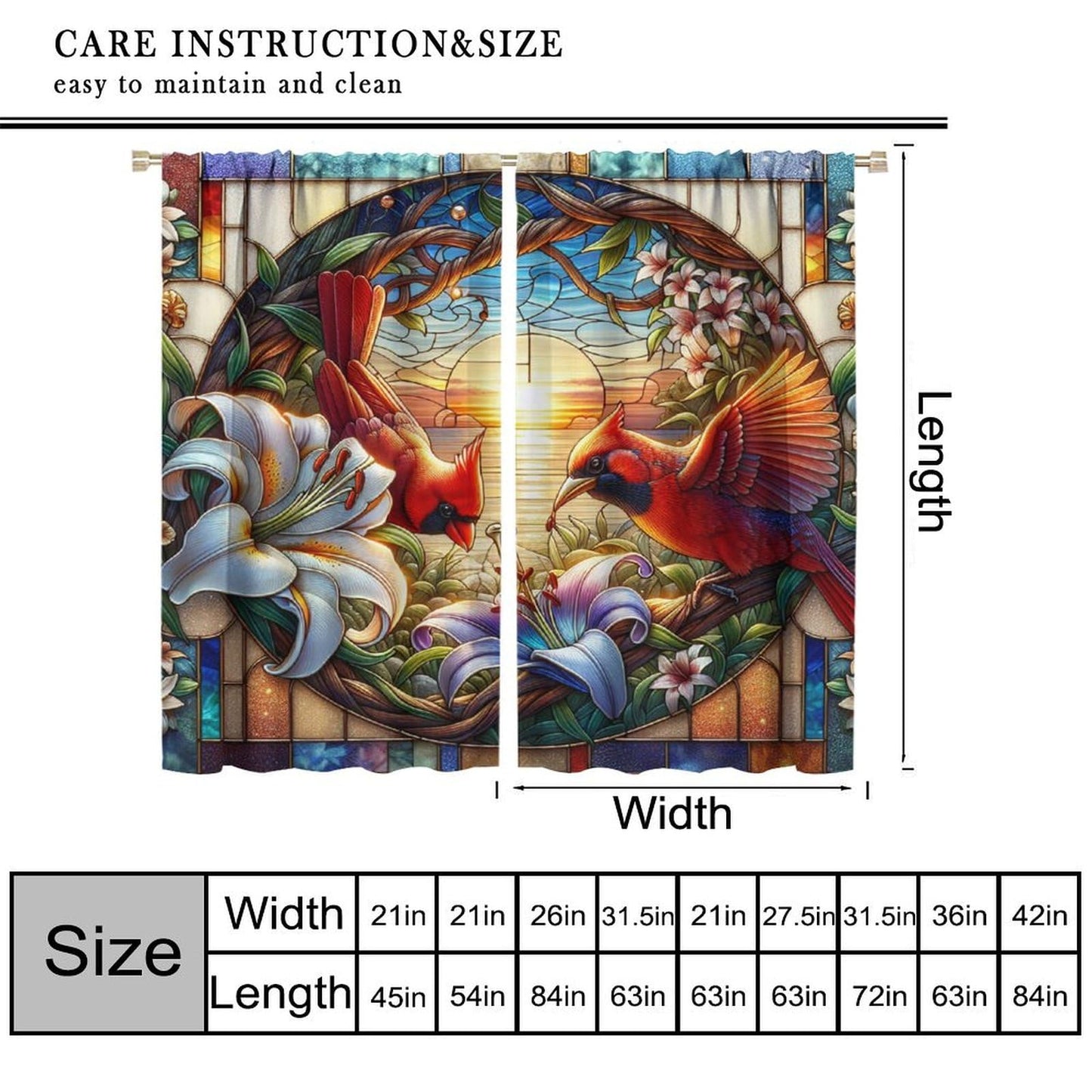 FengMingRui Stained Glass Cardinal Curtain Nature Scenery Floral Flowers Bird Abstract Geometry Window Treatments for Kids Boys Girls Bedroom Living Room Window Drapes 42" W X 45" L