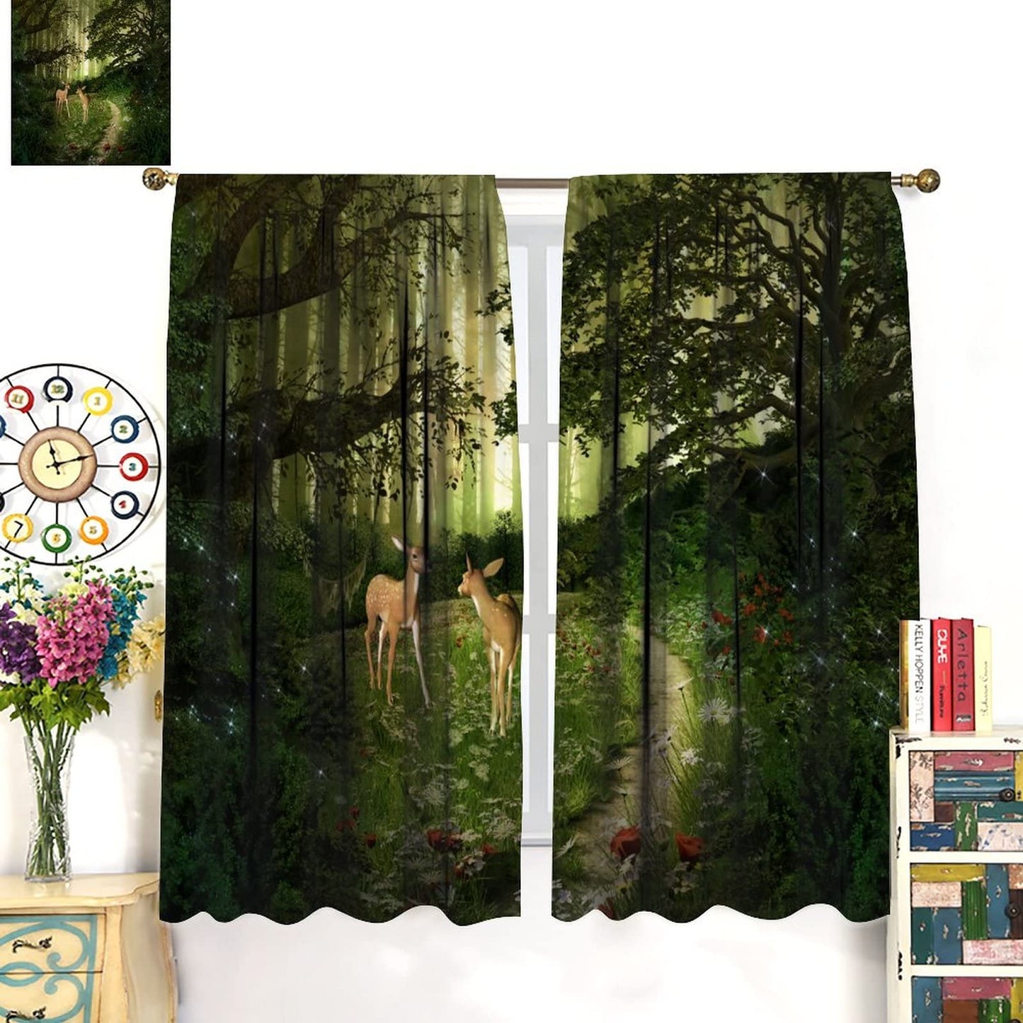 Fantasy Forest Blackout Curtains,Fairy Tale Green Forest Trees Deer Blackout Window Door Curtains for Bedroom Living Room Home Decor W42xL45in