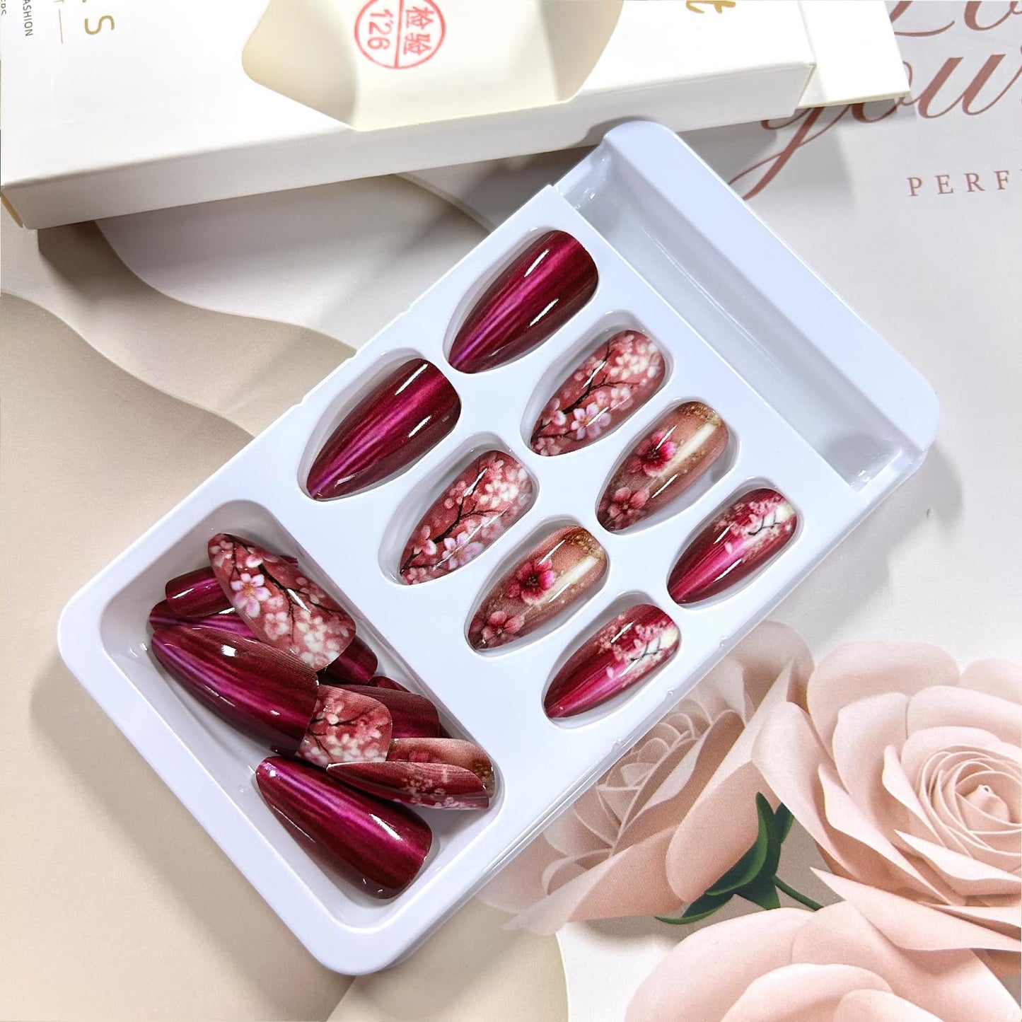 Rose Red Press on Nails Medium Length Almnd Shaped Pink Peach Blossom Pattern Design Artificial Acrylic False Nail Full Cover Glossy Floral Stick on Nail Press Ons Glue on Nails for Women 24Pcs